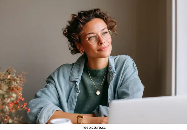 Woman Working on Laptop in a Cafe