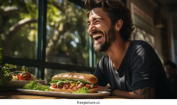 Laughing man eating a sandwich