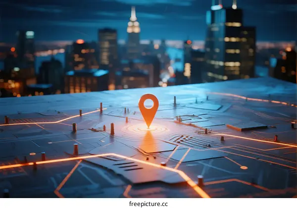 Digital Map Navigation Pin on Urban Building Background