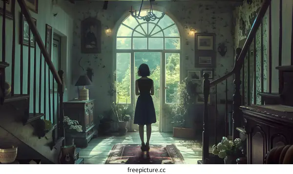 girl standing in the middle of the room looking out the window