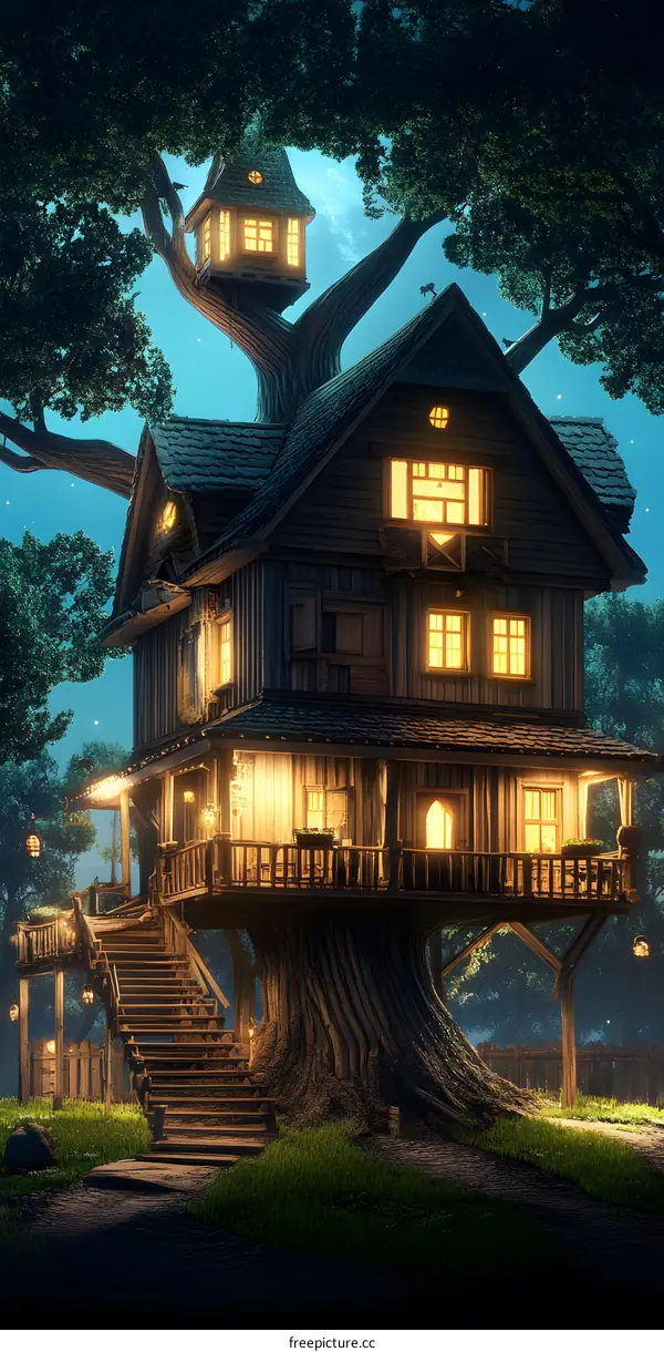 Fantasy Treehouse with Lights at Night