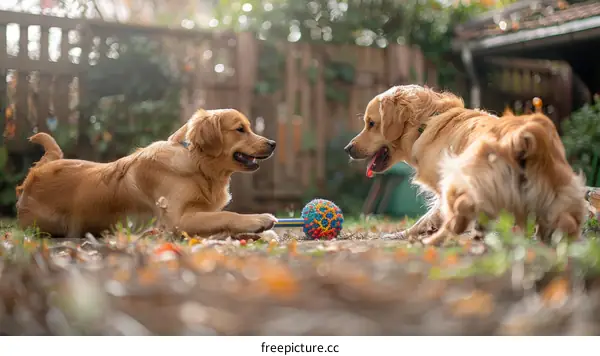 Two Golden Retrievers Playing With A Ball In The Backyard
