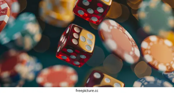 Mid Air Dice and Casino Chips in Red and Yellow