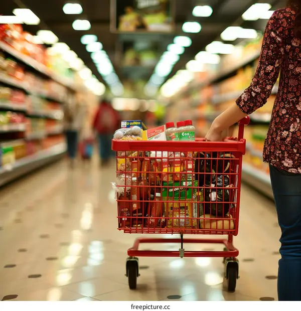 A woman pushing a shopping cart full of groceries in a supermarket.