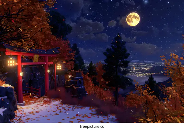 Snowy Autumn Night in Mountains with Shrine