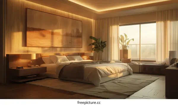 Bedroom interior with large bed, painting and plant