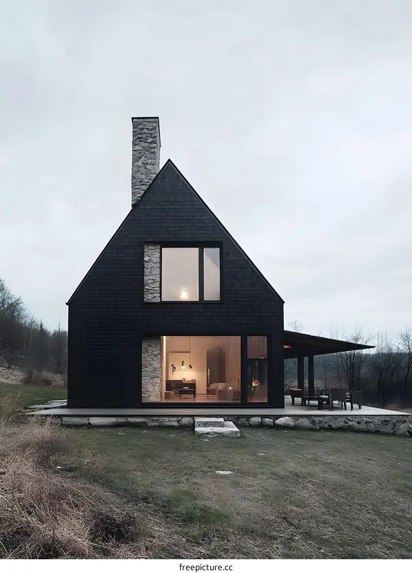 Modern Black Cabin with Stone Chimney and Large Windows