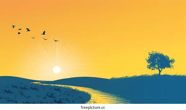 Silhouettes of Birds Flying Over a River in a Field at Sunset