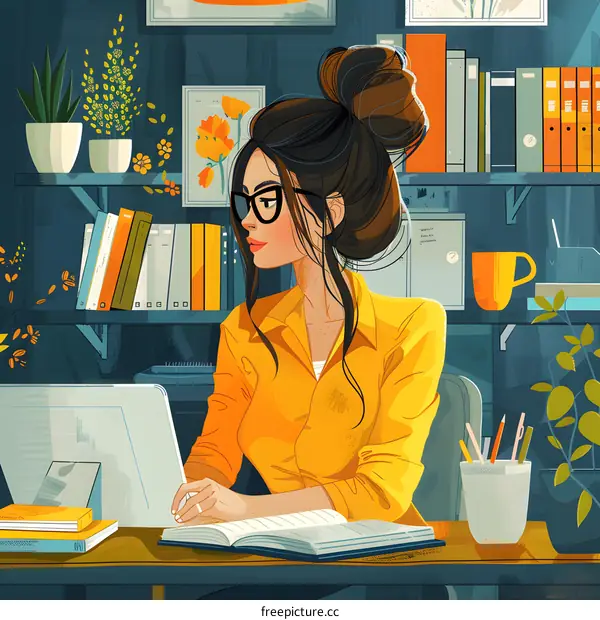 A woman is working on her laptop in her home office.