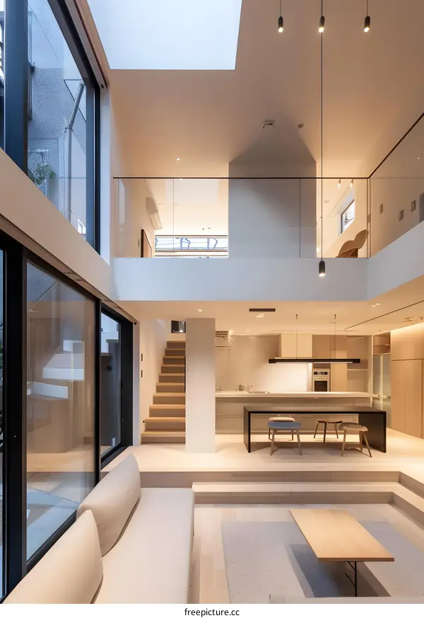 Modern Minimalist Interior Design Open Plan Living Room with Staircase and Glass Railing