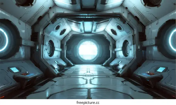 Futuristic spaceship corridor with glowing circular windows and metallic walls