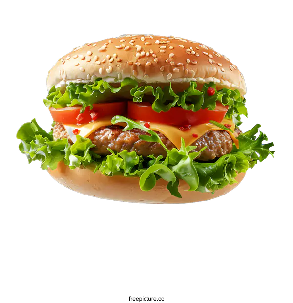 [Transparent Background PNG]Fresh tasty burger with lettuce tomato and cheese