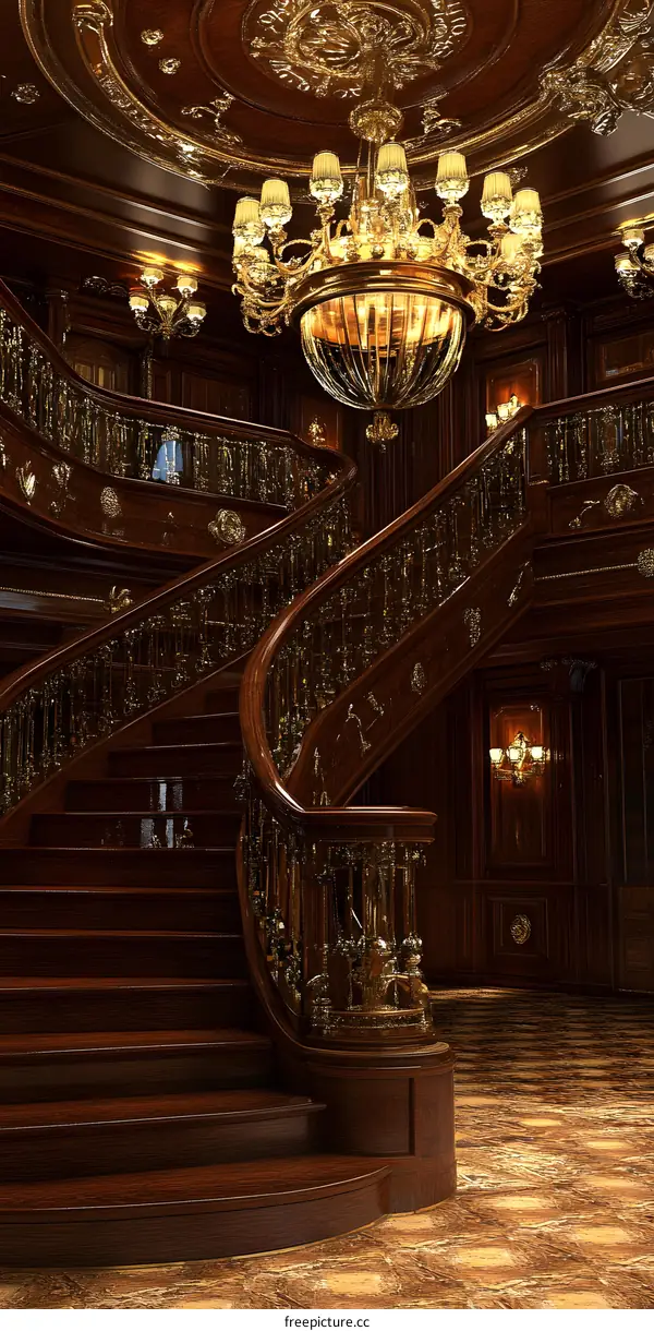 Grand Staircase with Chandelier in Luxury Mansion Interior