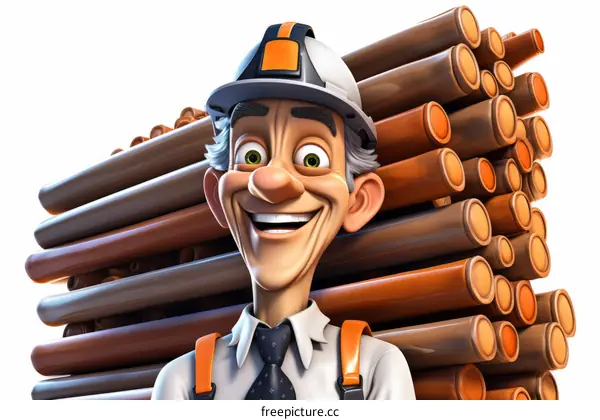 Gray-haired Male Construction Worker in Uniform Stands by Stack of Plastic Pipes