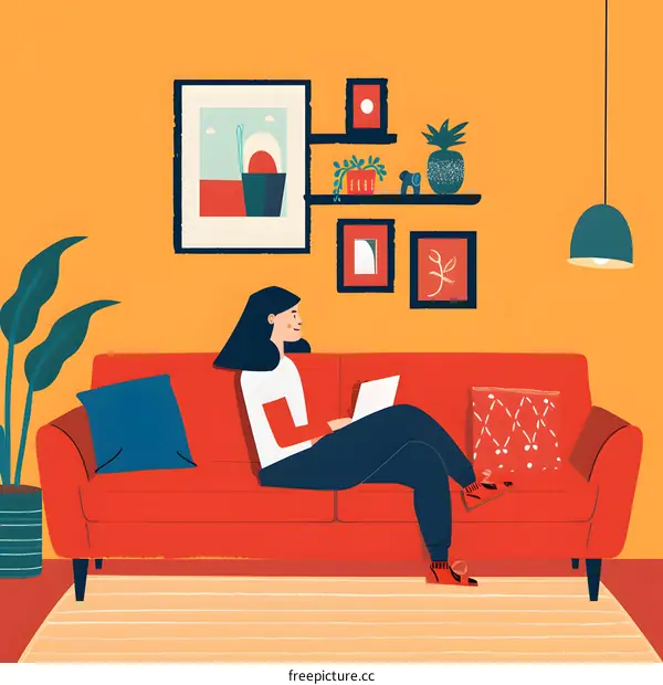 Woman Working On Laptop On Couch