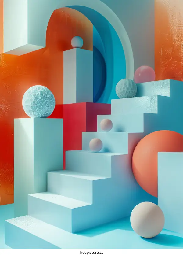 Geometric Shapes with Frosted Glass Spheres in Bright Blue and Orange