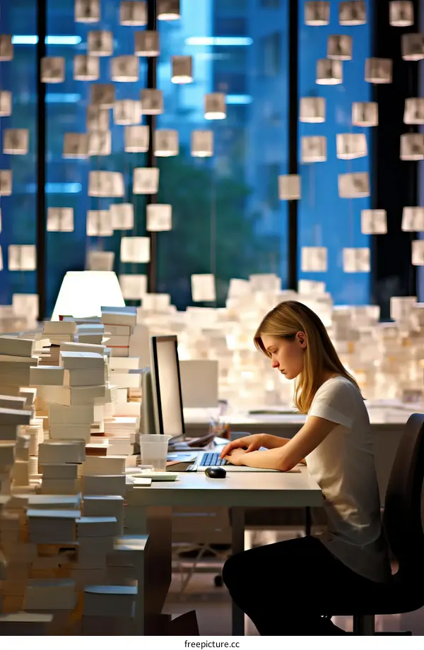 A woman works late in an office surrounded by stacks of paper and illuminated by a single lamp