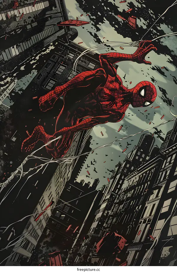Spiderman Swinging Through Cityscape Illustration