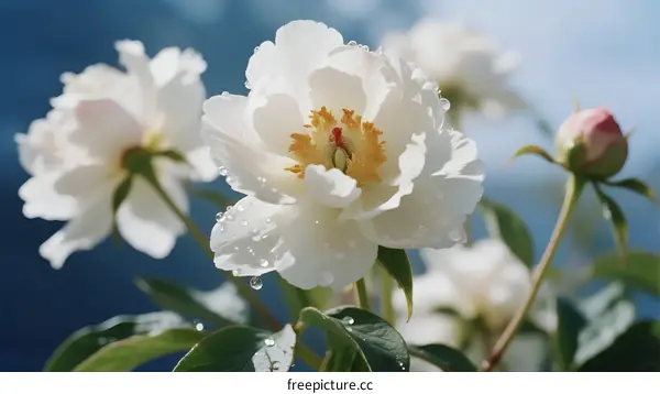 Beautiful White Peony Flowers with Dew Drops on Petals