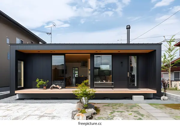 Modern Black House with Wooden Deck and Patio