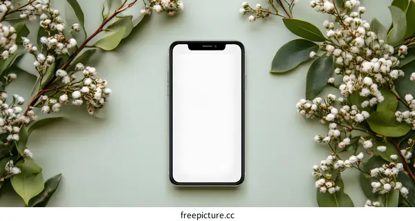 White Flowers and Green Leaves Surrounding Smartphone With Blank Screen