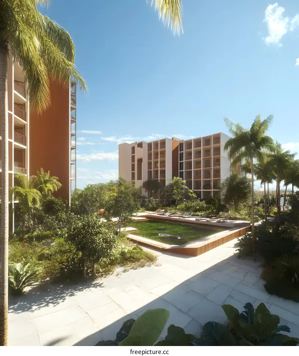 Tropical Resort Swimming Pool With Palm Trees and Buildings