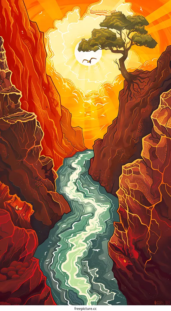 Water Flowing Through a Canyon With a Tree on a Cliff