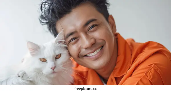 A smiling man with a white cat