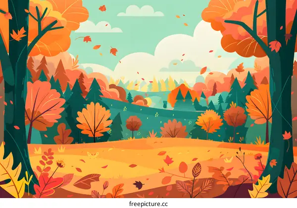 Autumn Forest Landscape Illustration With Falling Leaves