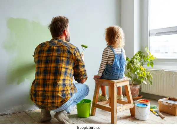 Father and Daughter Painting a Room Together