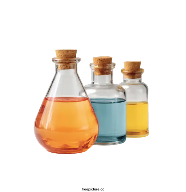[Transparent Background PNG]Three Colorful Glass Bottles with Cork Tops