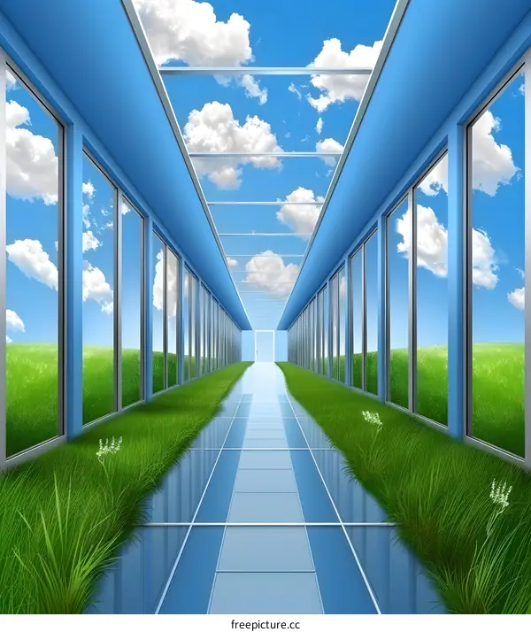 Sky Corridor with Green Grass and Blue Walls