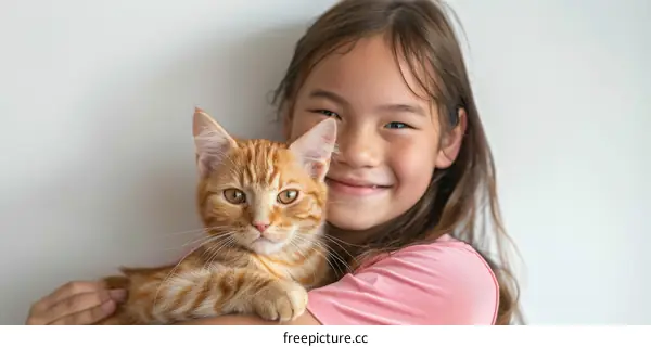 Little girl hugging an orange cat