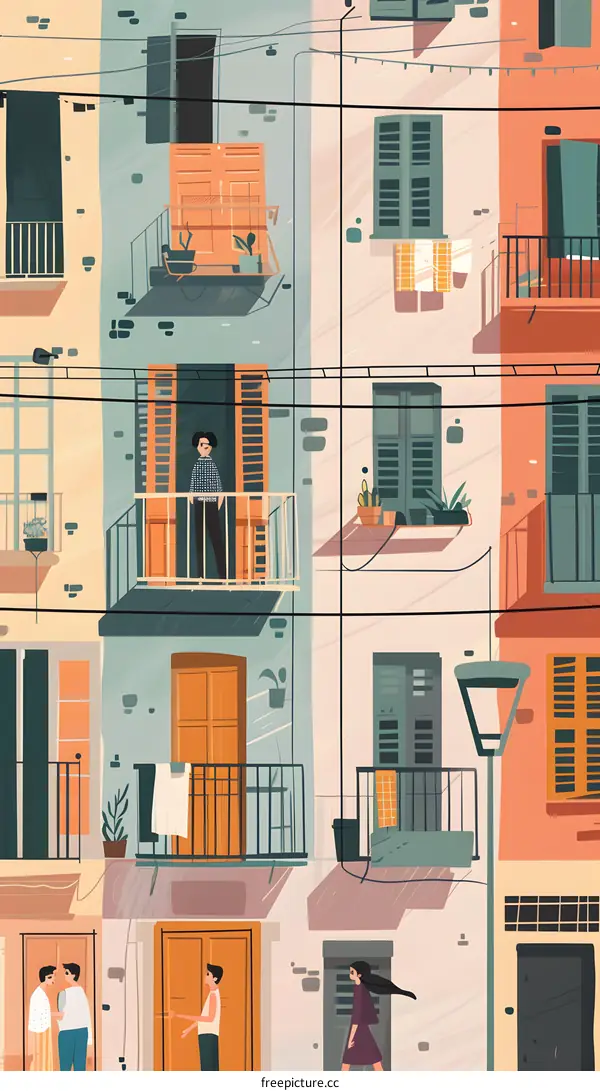 Colorful Building Facade with Balconies and People