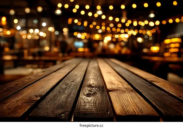 Rustic Wooden Tabletop with Night Restaurant Background