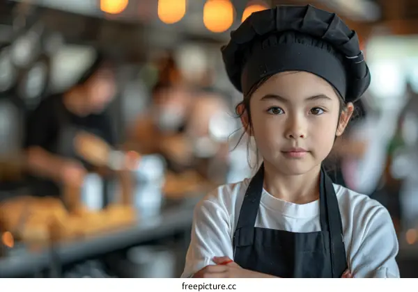 portrait of a young girl in a chef's hat and apron standing in a commercial kitchen