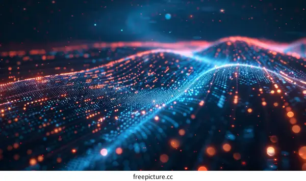 Blue and orange glowing particles form a wave-like surface