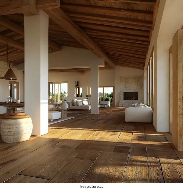 Modern Open Plan Living Room with Wooden Beams and Natural Light