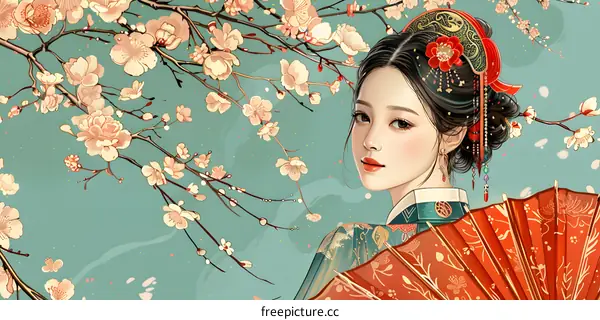 A beautiful Chinese woman in traditional dress stands in a field of flowers.