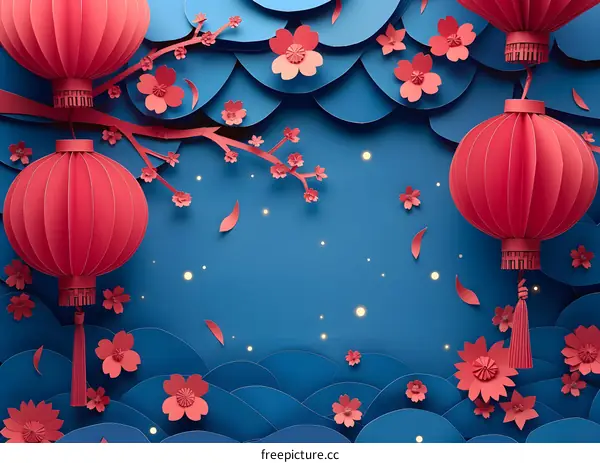red paper cut chinese style lantern and flower