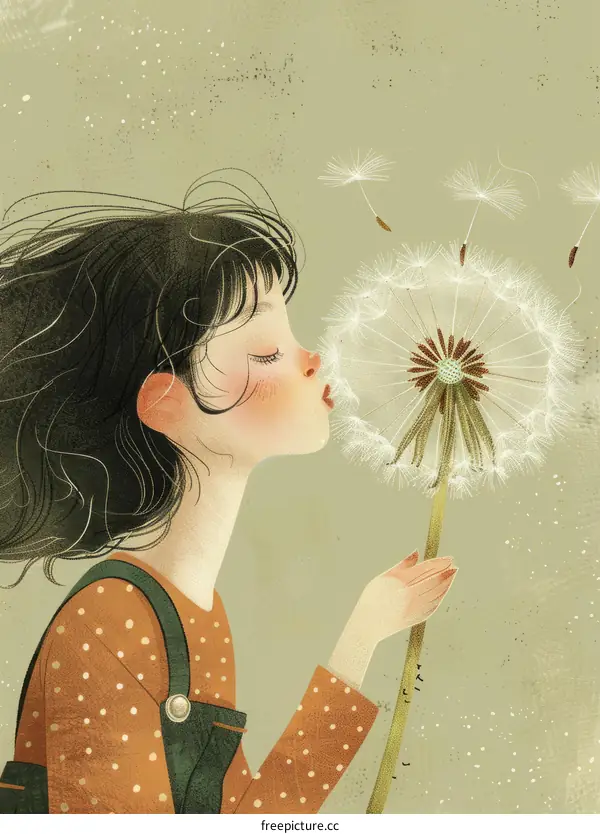 Little Girl Blowing Dandelion Seeds in a Meadow