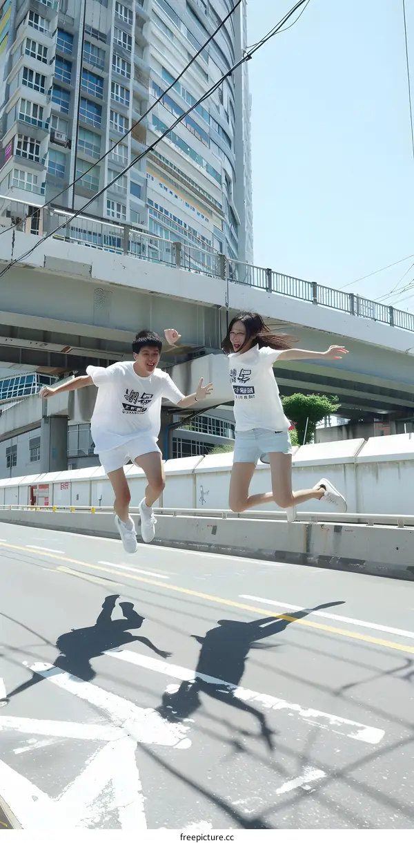 Two Asian Friends Jumping in the Street in Front of a Building