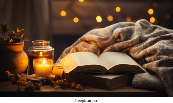 Cozy Reading Nook with Book, Candle, and Blanket