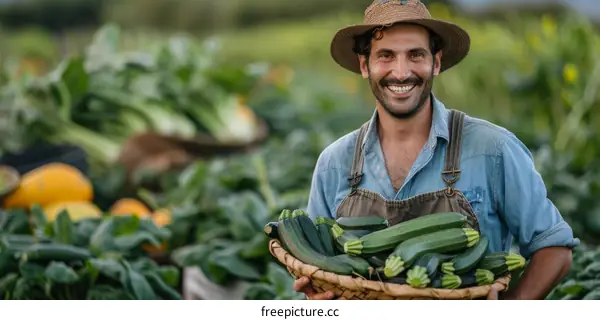 Smiling farmer holding a basket full of fresh zucchini in an organic farm field