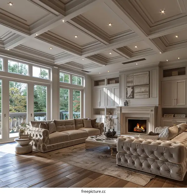 Modern Living Room with Sofa, Carpet & Fireplace