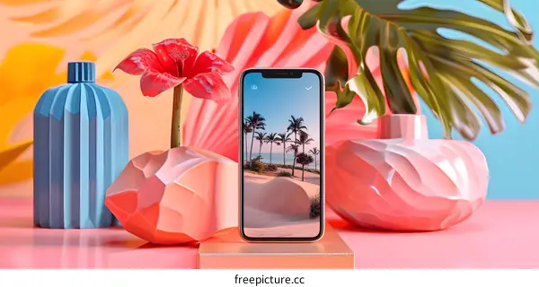 Phone Screen with Tropical Beach Scene in Vases