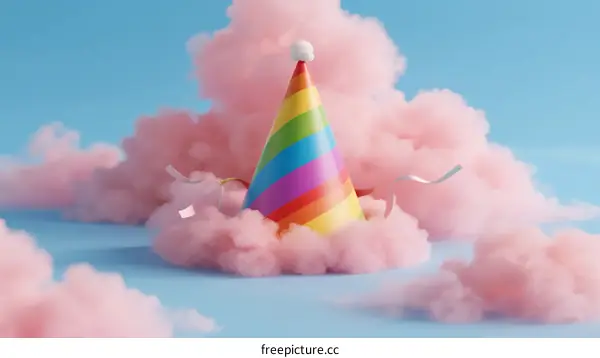 Colorful Rainbow Party Hat in Fluffy Pink Clouds