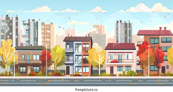 Autumn Cityscape with Buildings and Trees Illustration