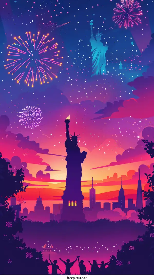 Statue of Liberty with fireworks in the background
