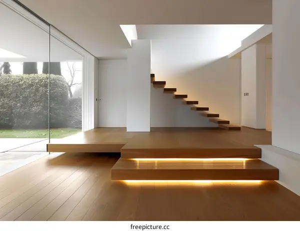 Modern Minimalist Floating Wooden Stairs in a Contemporary Home